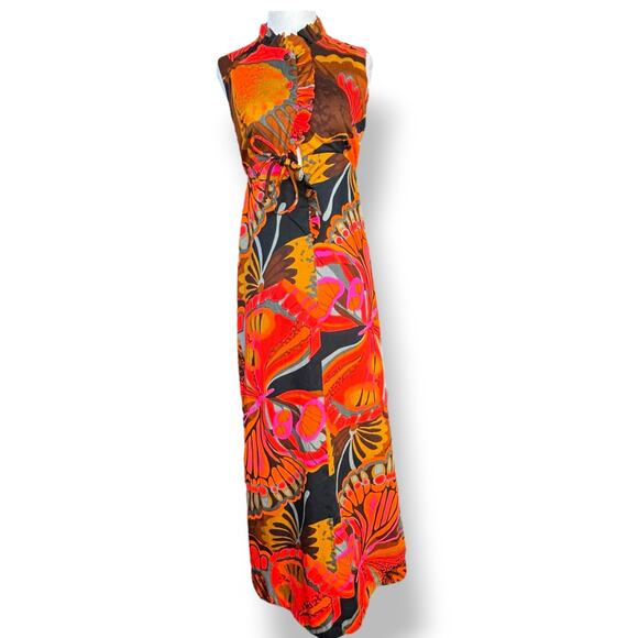 Vintage 60s Liberty House Lilia Butterfly Print Psychedelic Orange Maxi Dress XS - Picture 11 of 11